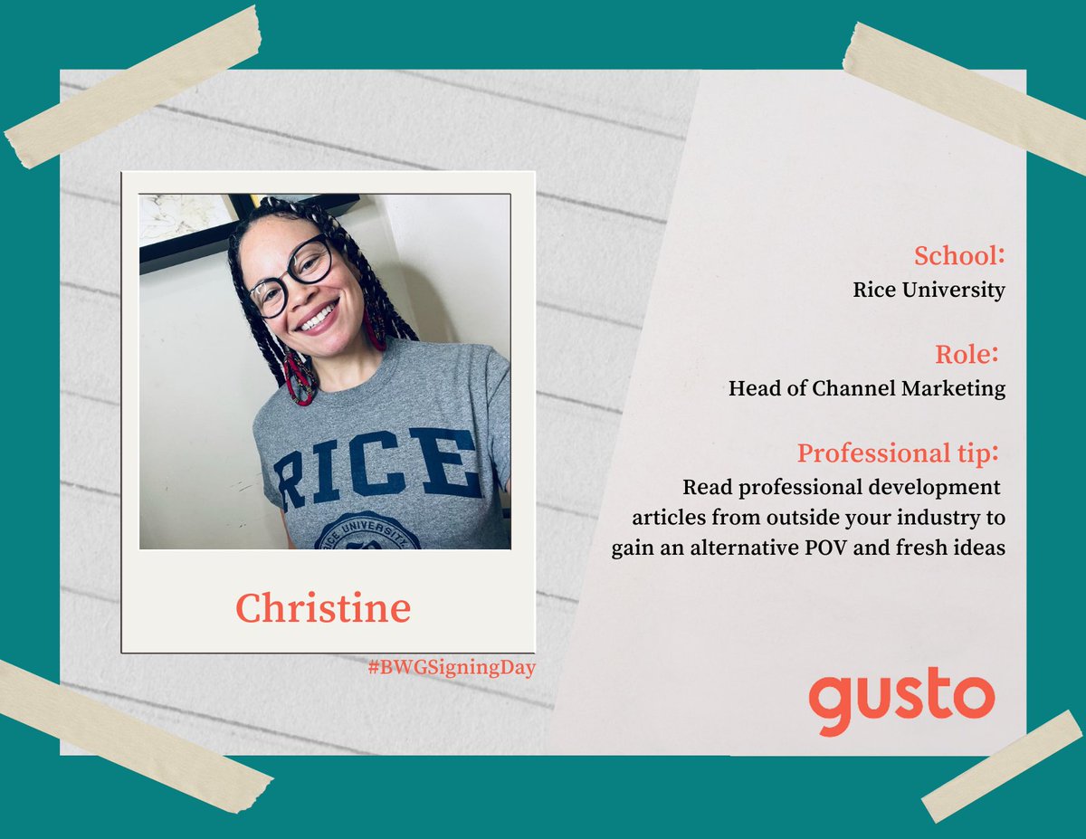 Members of the Black with Gusto Affinity Group are joining in on the Signing Day fun! We’re celebrating Black Gusties and their educational journeys. Follow #BWGSigningDay to learn more about our membership and their career advancement tips @gustohq @riceuniversity #blackintech