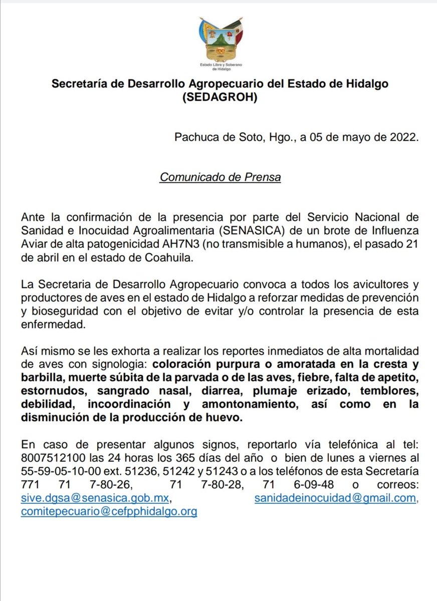 AgriculturaHgo's tweet photo. ⚠️¡Atención amigos #Avicultores y 
productores de aves en el estado de #Hidalgo! ⚠️🐔🐓🦃🐣🐤🐥🐦🦆🦢
#Comunicado https://t.co/KNRKO4HW5u