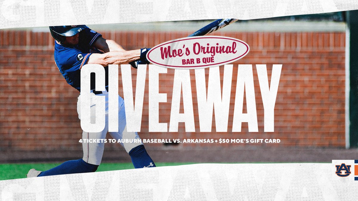 AuburnTigers's tweet photo. Baseball and BBQ! ⚾️🍗

RT this post for your chance to win 4️⃣ tickets to the @AuburnBaseball game vs Arkansas on Sunday AND a $50 @moesobbq gift card! 

#WarEagle https://t.co/ObDdjNfEpe