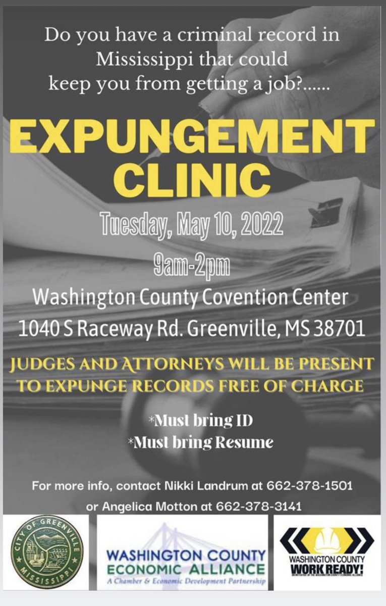 ACLU_MS's tweet image. Do you have a criminal record in Mississippi that could prevent you from employment?

The City of Greenville is hosting a FREE expungement clinic Tuesday, May 10th.

Get legal help from 9 am - 2 pm at the Washington County Convention Center👇