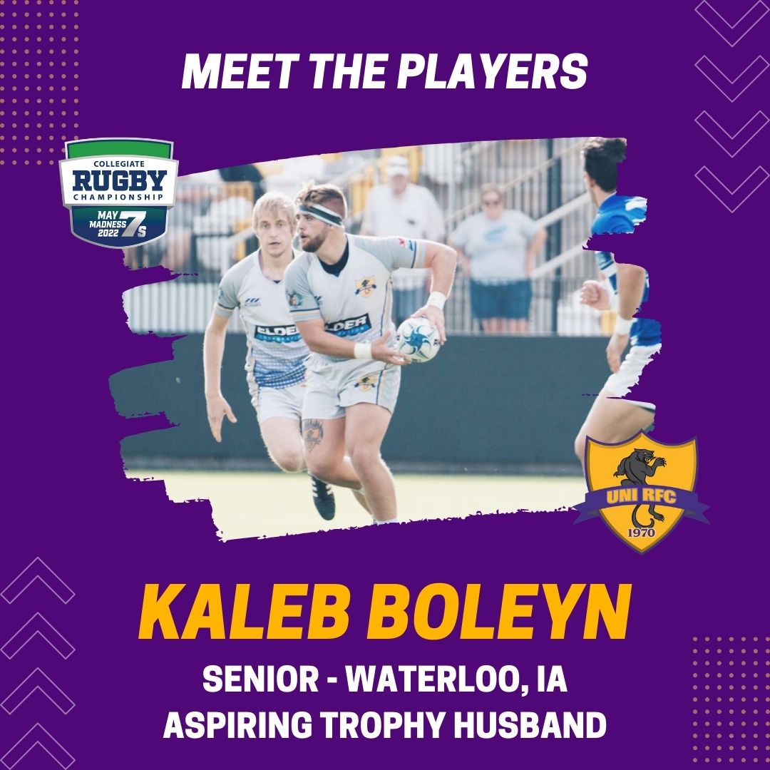 UNIMensRugby's tweet photo. It's time to meet the men who will be fighting for a national championship! First up, Kaleb Boleyn (@kaleb_boleyn), a senior from Waterloo, IA. 
Kaleb is a 2021 All-American, the head coach of @WaterlooRugby1, and an aspiring trophy husband! #BornInTheWoods #CRC7s https://t.co/inPWBTa6Np