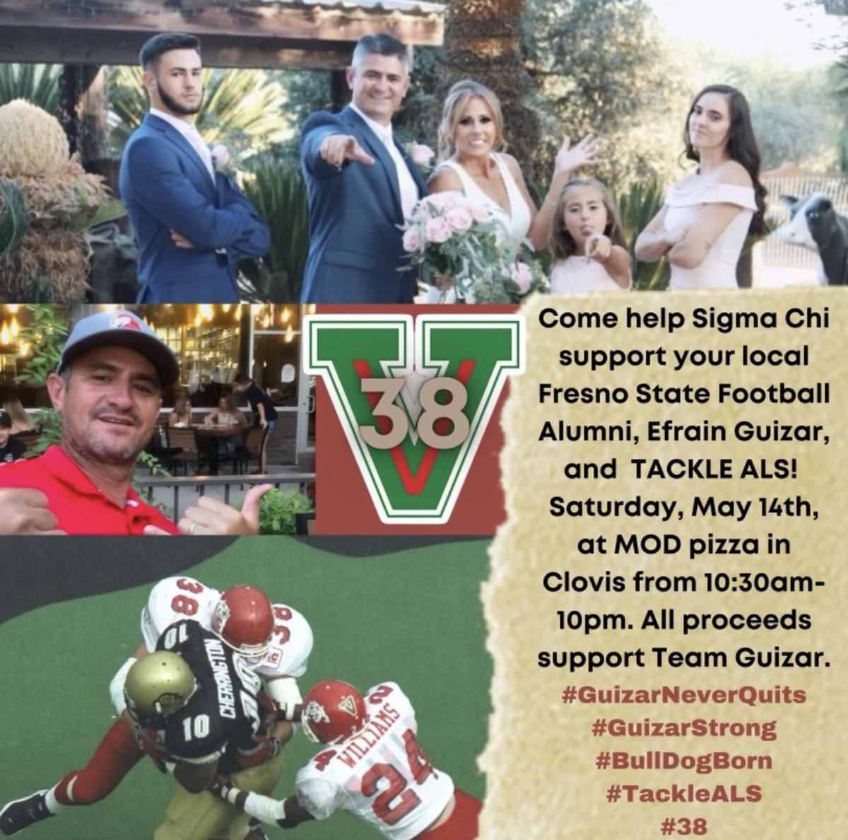 Please help support Mr Kerman and former Bulldog
EFRAIN GUIZAR
this Saturday at Mod Pizza 🍕 in Clovis
starting at 10:30 am
2320 Clovis Ave
 <a href="/KermanAthletics/">Kerman Athletics</a> <a href="/KermanLions/">Kerman Lions</a> 
<a href="/SigmaChiFresno/">Sigma Chi</a> <a href="/BulldogBornBred/">Bulldog Bounce</a> <a href="/FresnoStateFB/">Fresno State Football</a> <a href="/DogsBarstool/">Barstool Fresno State</a>  <a href="/FSAthletics/">Fresno State Bulldogs</a> 
#GuizarNeverQuits #GuizarStrong