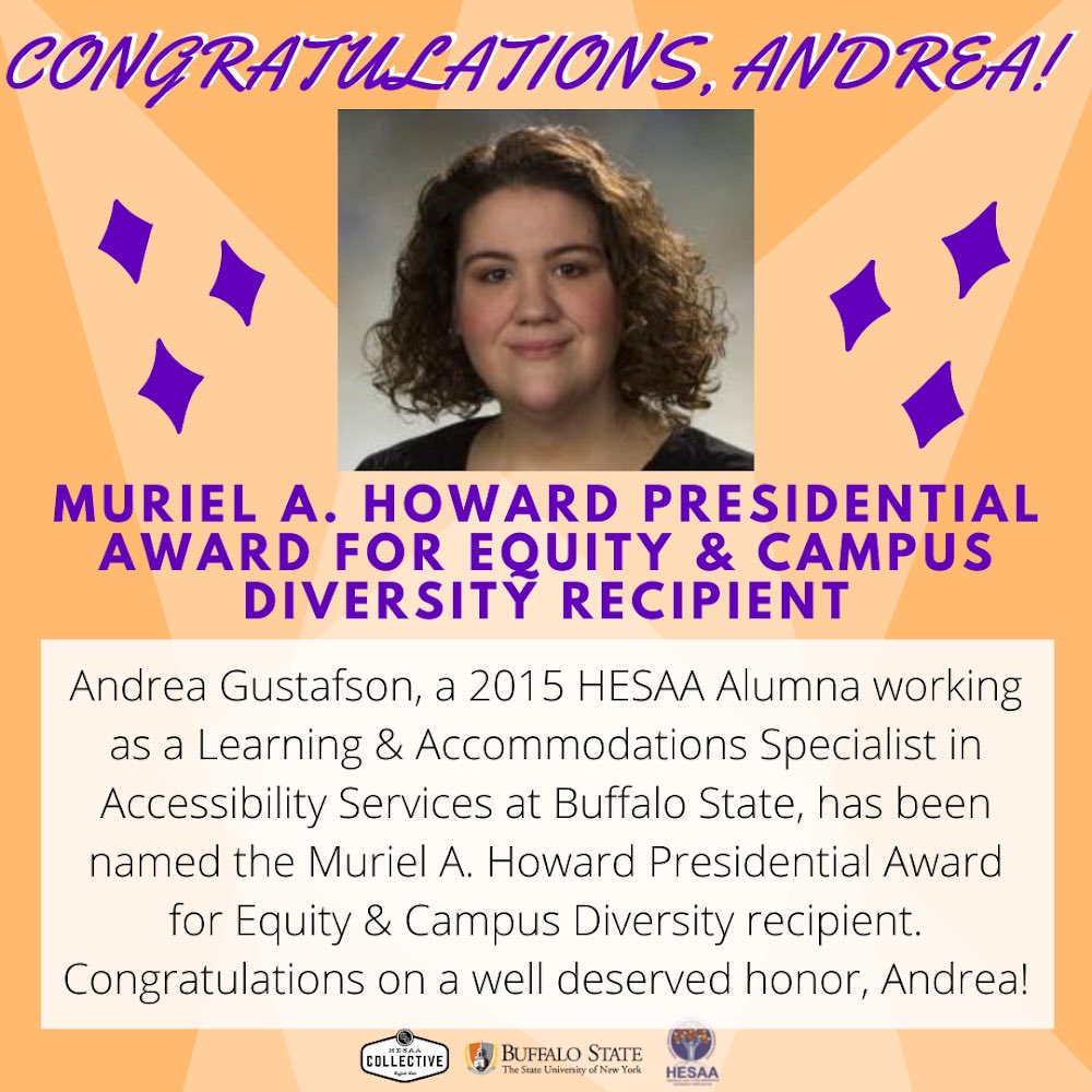 buffalostatehea's tweet photo. Congratulations, Andrea, on being named the Muriel A. Howard Presidential Award for Equity &amp; Campus Diversity recipient!

Our alumni continue to amaze us and make Buffalo State proud! 🧡🎉 https://t.co/il7Wb8W51F