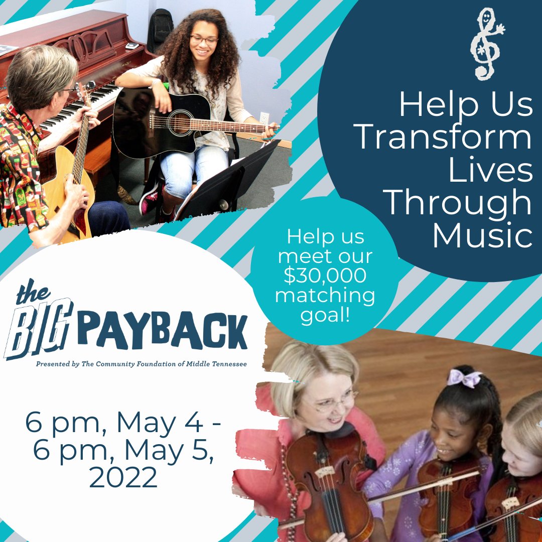 WO_Smith's tweet photo. Calling all final donations! You've got 15 minutes until the end of the #bigpayback 2022! Donate now to contribute to dollar-for-dollar matching campaign for up to $30,000! #wosmith #musicschool #nashvillemusic #tnmusic #greatnonprofits #nonprofits #bringbackthebeat https://t.co/IdONNLQurA
