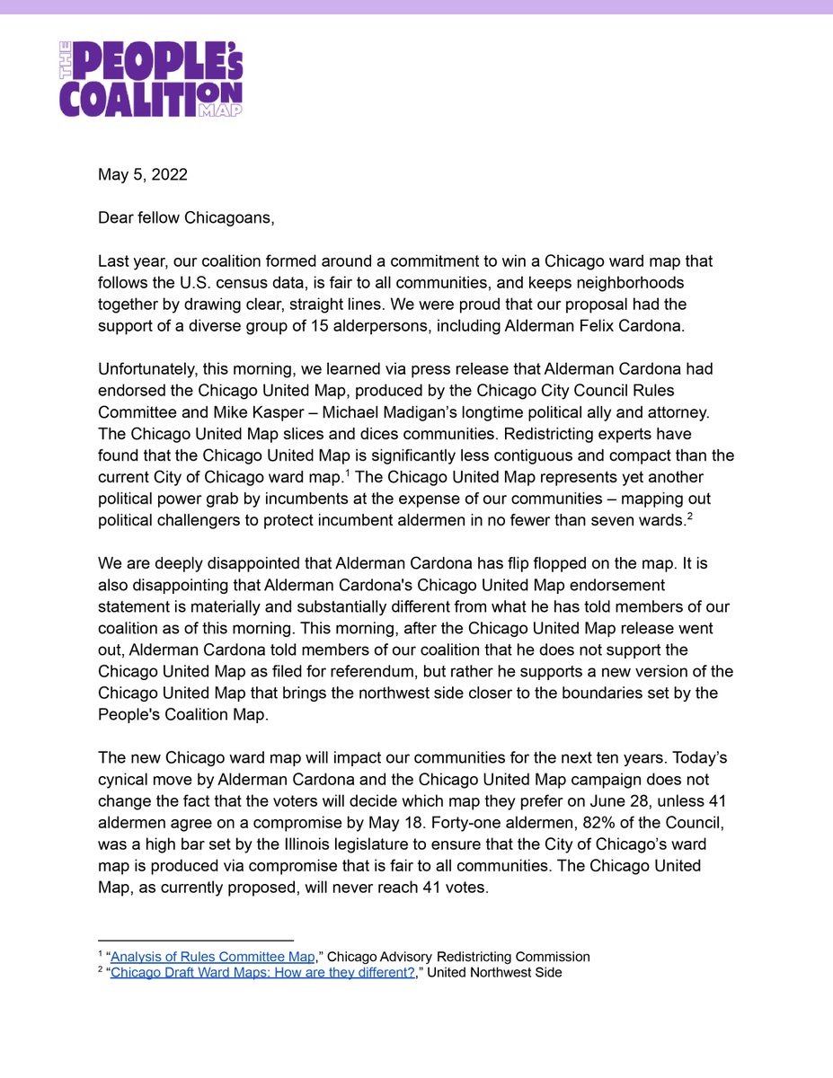 ChicagoMap2022's tweet photo. Unfortunately, this morning, we learned via press release that @AldermanCardona  had endorsed the @chiunitedmap, produced by the Chicago City Council Rules Committee and Mike Kasper – Michael Madigan’s longtime political ally and attorney. https://t.co/BCtLMvhjZO