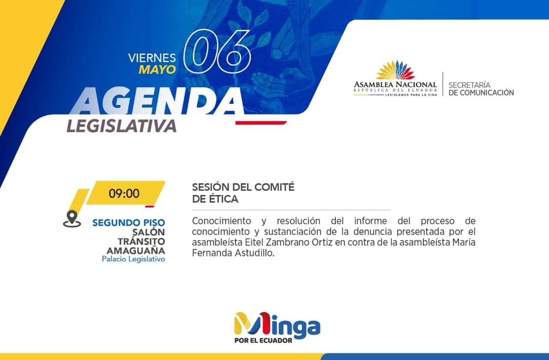Viernes  06/mayo/2022 || <a href="/ComiteDeEticaAN/">Comité Etica de la Asamblea Ecuador</a> resolverá sobre el proyecto de informe presentado por el presidente <a href="/PepeChimbo/">José Chimbo</a>, en el proceso de conocimiento y sustanciación de la denuncia presentada por el As. <a href="/EitelZambranoEc/">Eitel Zambrano</a> en contra de  As.<a href="/Fernanda_Mashi/">Fernanda Astudillo</a> .  
<a href="/AsambleaEcuador/">Asamblea Nacional</a>