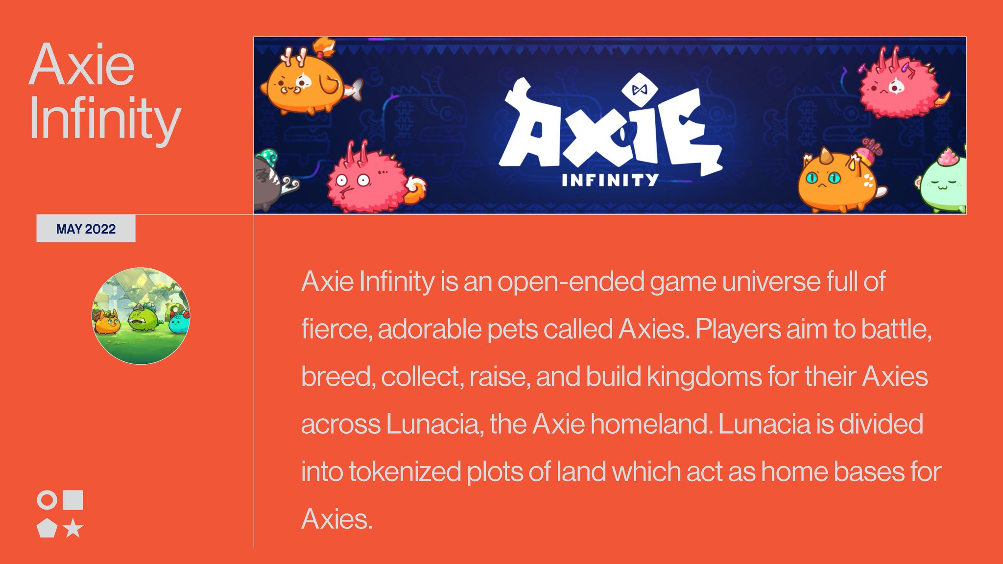 RT nonfungibles: We are now tracking @Ronin_Network for @AxieInfinity on our site!   Axie Infinity is an open-ended game universe full of fierce, adorable pets called Axies.   Learn more and track AXIE, ITEM, and LAND 👇 [nonfungible.com]  #NFT #Ronin #axie #ITEM #LAND #data [twitter.com] [pbs.twimg.com]