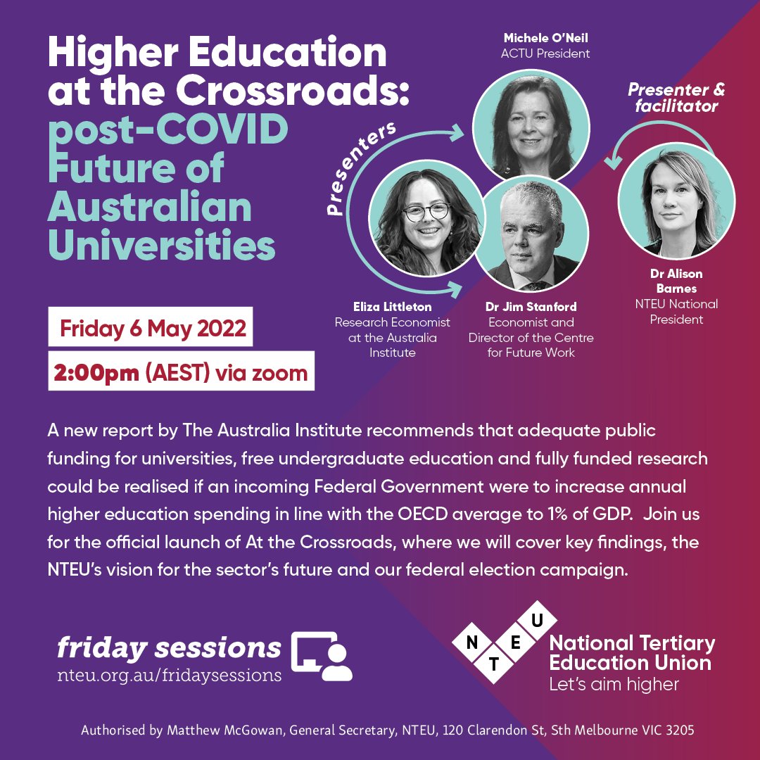 NTEUnion's tweet photo. Don't miss out on today's Friday session on the @CntrFutureWork report to #SaveHigherEd, fully fund research and give all Australian students free undergraduate education.
Register here: https://t.co/oxuuPVwkQF #auspol https://t.co/fhn8Oiv0xk