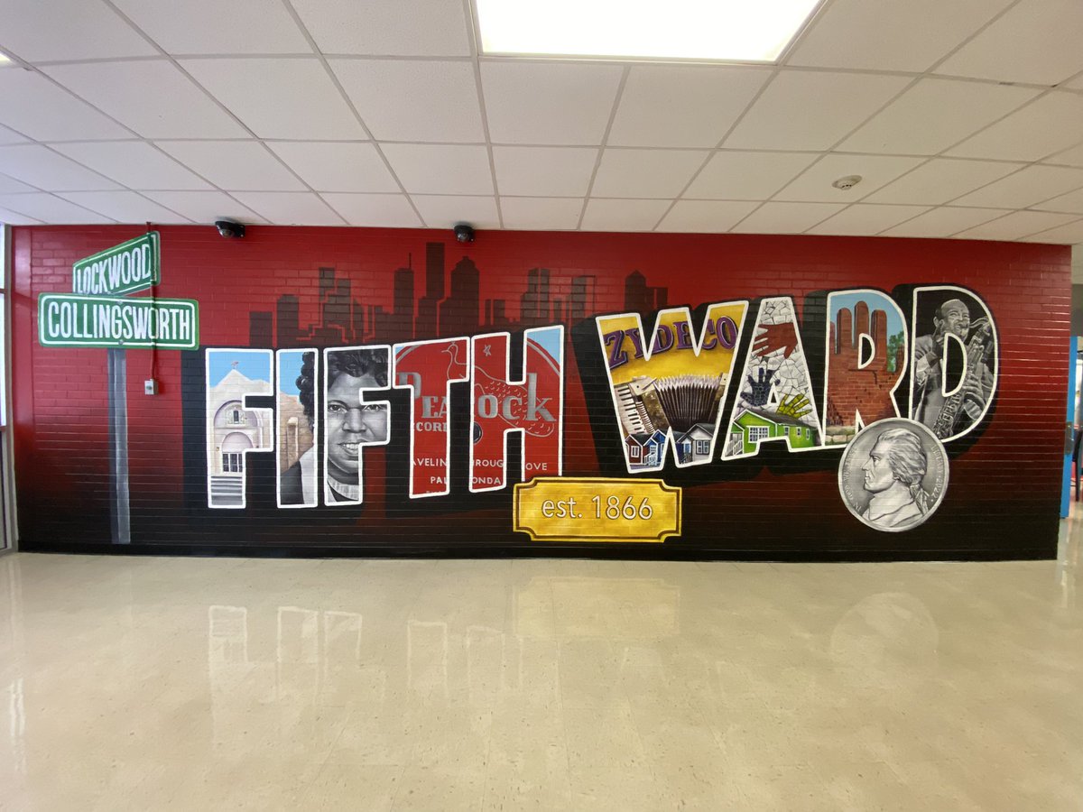 TBradleyMurals's tweet photo. Fifth Ward Mural DONE!!! I was super excited to start this mural & so happy w/ the result! The response from the kids, staff (past & present) & community have been amazing. Thank you so much @flemingvikings @yolandabruce01 & @drdlewis1 for this opportunity! …now for floor #3! https://t.co/XXOtgBNqN8