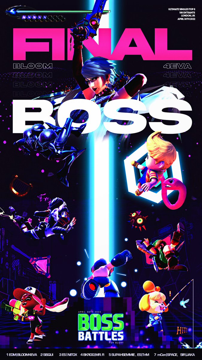 BOSSBATTLES_'s tweet photo. Introducing your Top 8 of one of the most stacked EU brackets yet! BOSS BATTLES: For Glory. 
CHAMPION🏆🥇@Bloom4eva__
2nd)🥈@thesisqui
3rd)🥉@nitox88
4th)🏅@Mr_RSmash
5th)🎖️@TriM_MM
5th)🎖️@Supahsemmie
7th)🎖️@SpaceSama
7th)🎖️@Jaka_SSB

GFX by @rahm0ne 

See you in June for Mini BB https://t.co/luw94xDrfD