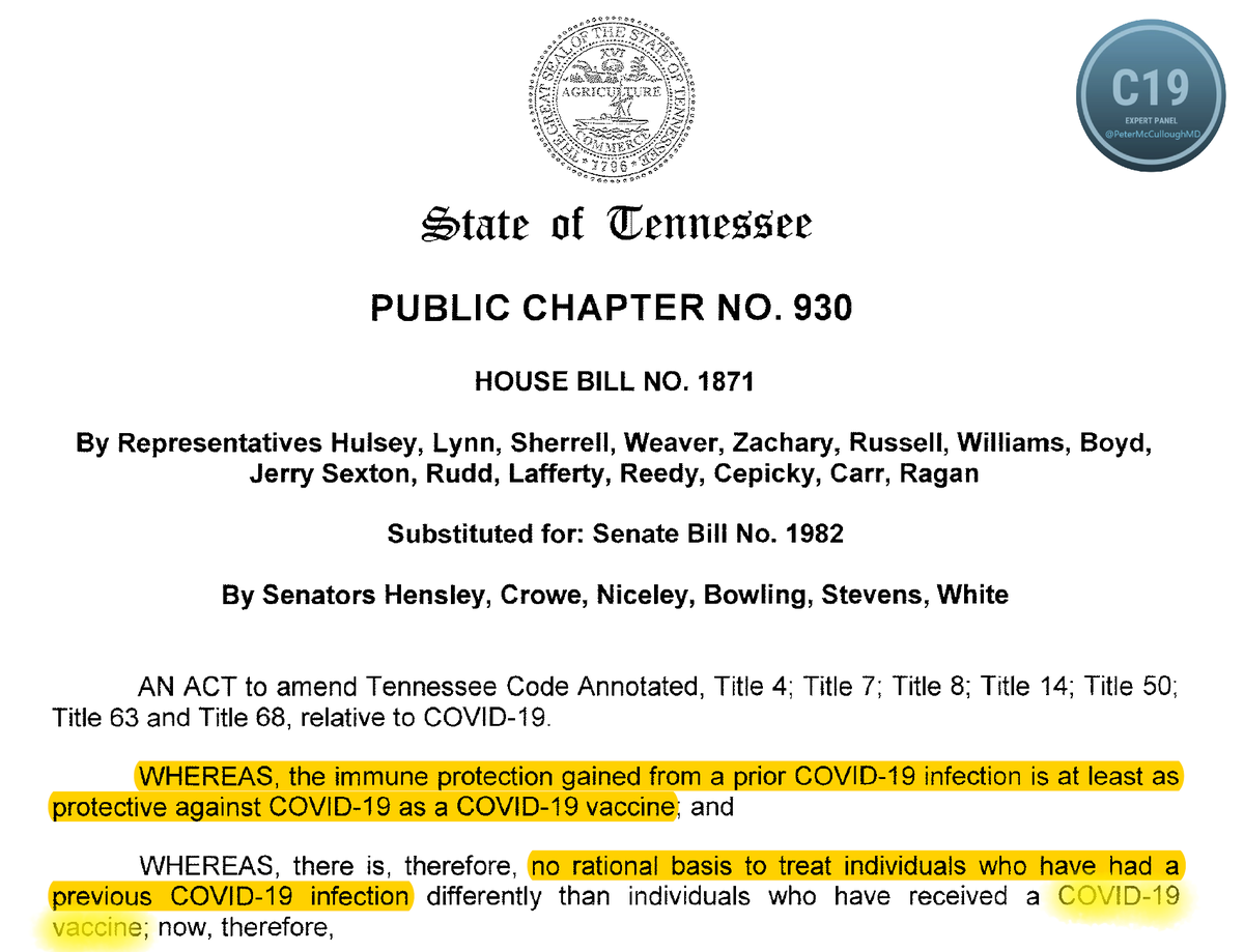 P_McCulloughMD's tweet photo. State of Tennessee HB 1982 Passed and officially recognizes natural protection from the respiratory illness giving full rights and privileges.  Great relief for those who have survived the illness and were facing the unwanted mandated products.  Great relief--go mass exemption! https://t.co/Z3ybXBBLbo