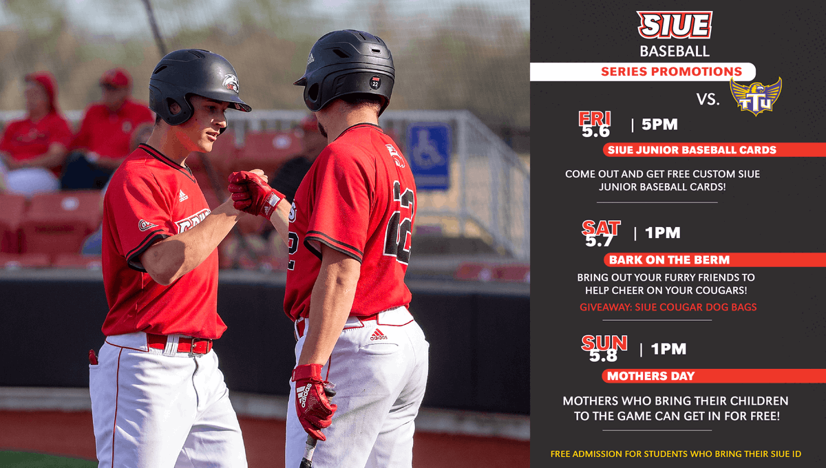 SIUECougars's tweet photo. Lots of reasons to come cheer on @SIUEBaseball this weekend! ⚾️

#LetsGoCougs🐾 https://t.co/Czt6oCfKfd