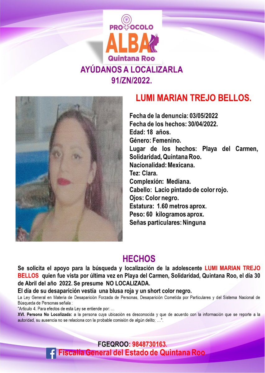 QuePocaMadre_Mx's tweet photo. ¡COMPARTE! Posiblemente gracias a ti podamos localizar a Lumi Marian Trejo Bellos de 18 años de edad, fue vista por última vez el día 30 de Abril de 2022, en #PlayadelCarmen, Solidaridad, #QuintanaRoo. https://t.co/t71pvhqDdt