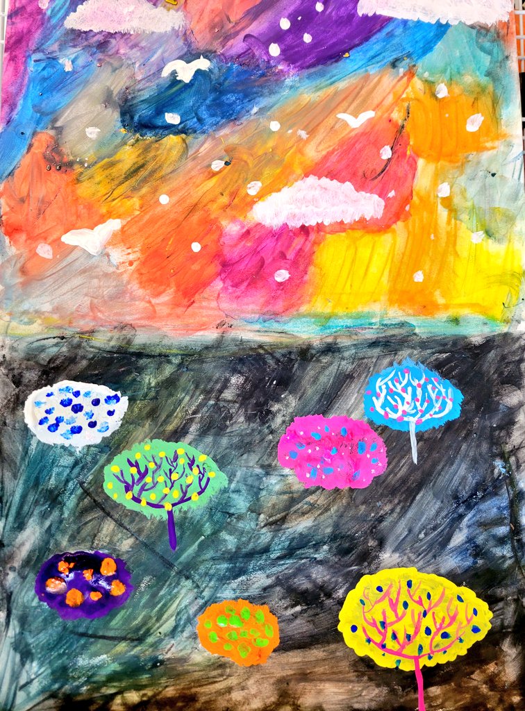 JuliaGoggi's tweet photo. Grade 5 creating artwork based on the style of Claire West. Landscapes in whimsical colors with highly stylized details. Chalk pastel with liquid starch fixative &amp; tempera. #processbasedart #k12art @WPSSicomac https://t.co/1tLUF98Ki3