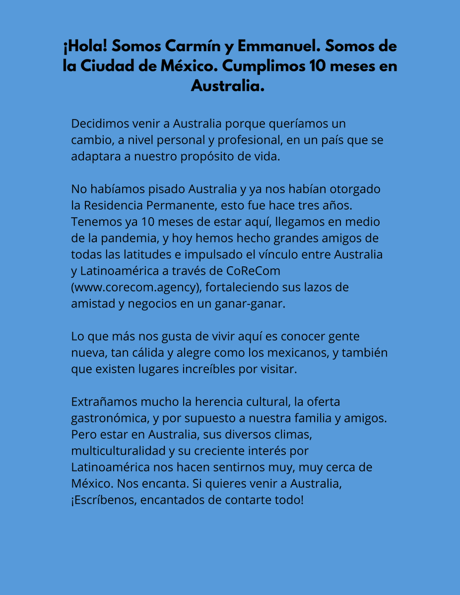 AusEmbMex's tweet photo. Conozcan a Carmín y Emmanuel 👋, ellos tienen una agencia de comunicación 💬 y son mexicanos 🇲🇽 en Australia.
#MexicanosEnOz
@CoReComAgency 
https://t.co/ANRrSXr5n1 https://t.co/UBYcKdix2A