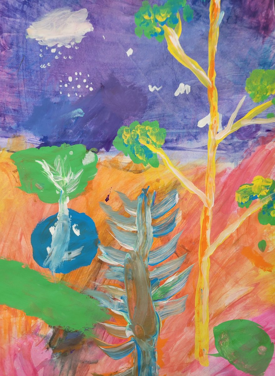 JuliaGoggi's tweet photo. Grade 5 creating artwork based on the style of Claire West. Landscapes in whimsical colors with highly stylized details. Chalk pastel with liquid starch fixative &amp; tempera. #processbasedart #k12art @WPSSicomac https://t.co/1tLUF98Ki3