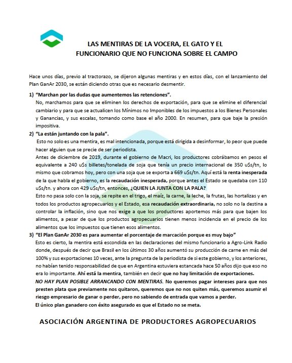 SomosAAPA's tweet photo. No mas mentiras. Queremos el único plan que nos va a llevar a aumentar la producción, QUE NOS DEJEN PRODUCIR.
#tractorazo 
#Ganaderia https://t.co/rlPiZx0tK5