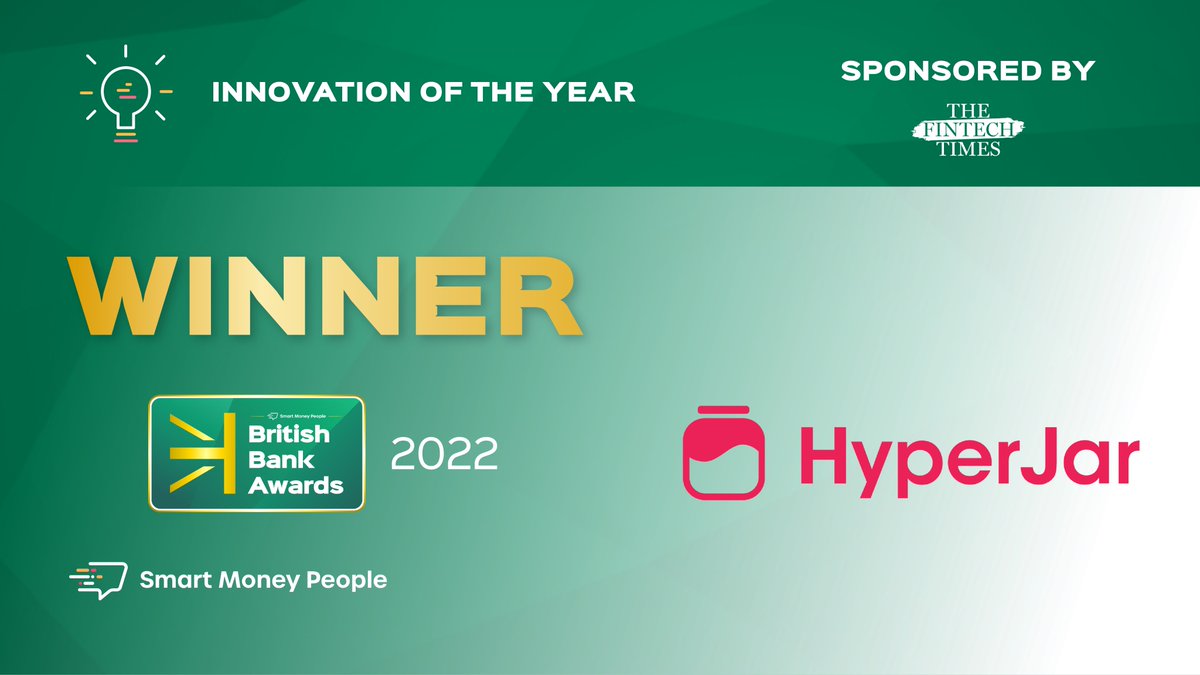 BritBankAwards's tweet photo. CONGRATULATIONS 🎉
The @BritBankAwards 'Innovation of the Year’ 2022 winner 🏆 is...
@hyperjar
A fantastic achievement for the team!
#BBA2022 #Awards #CustomerDecided https://t.co/3cjX8xgvud