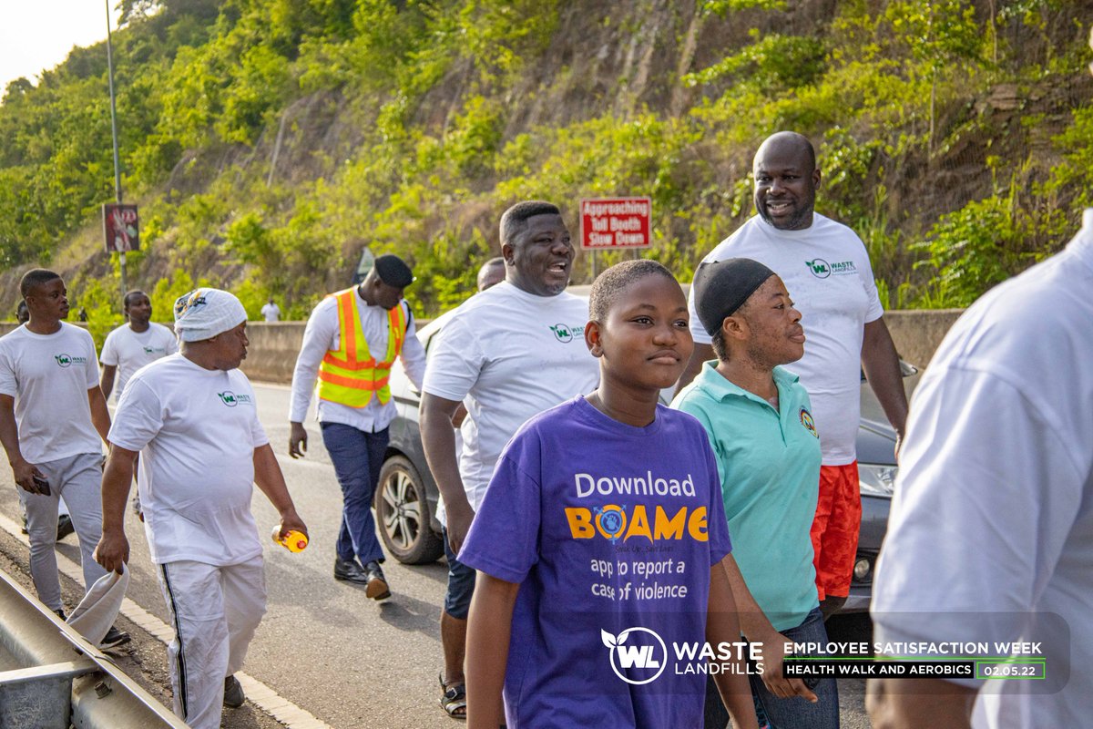 Wastelandfillgh's tweet photo. Snippets of Waste Landfills' Health Walk and Aerobics. 
ACCRA EDITION
Workers at the Head Office, Adipa, Nsumia, and Kpone landfill sites walked 🚶‍♂️🚶‍♀️ from Ayi-Mensah to Aburi, covering about 9 kilometres, and climaxed it with an aerobic session.
#walkforhealth #JGC #employeemonth https://t.co/8PY3QpzFOO