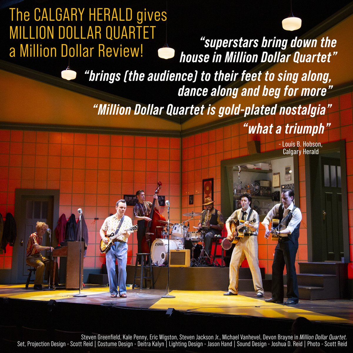 Million Dollar Quartet's music superstars are bringing down the house! The <a href="/calgaryherald/">Calgary Herald</a>'s Louis B. Hobson gives the show a rave review, and you can read it here: bit.ly/3LS66y9. MDQ runs until May 22, get your tickets now at theatrecalgary.com/mdq #yyc #yycarts