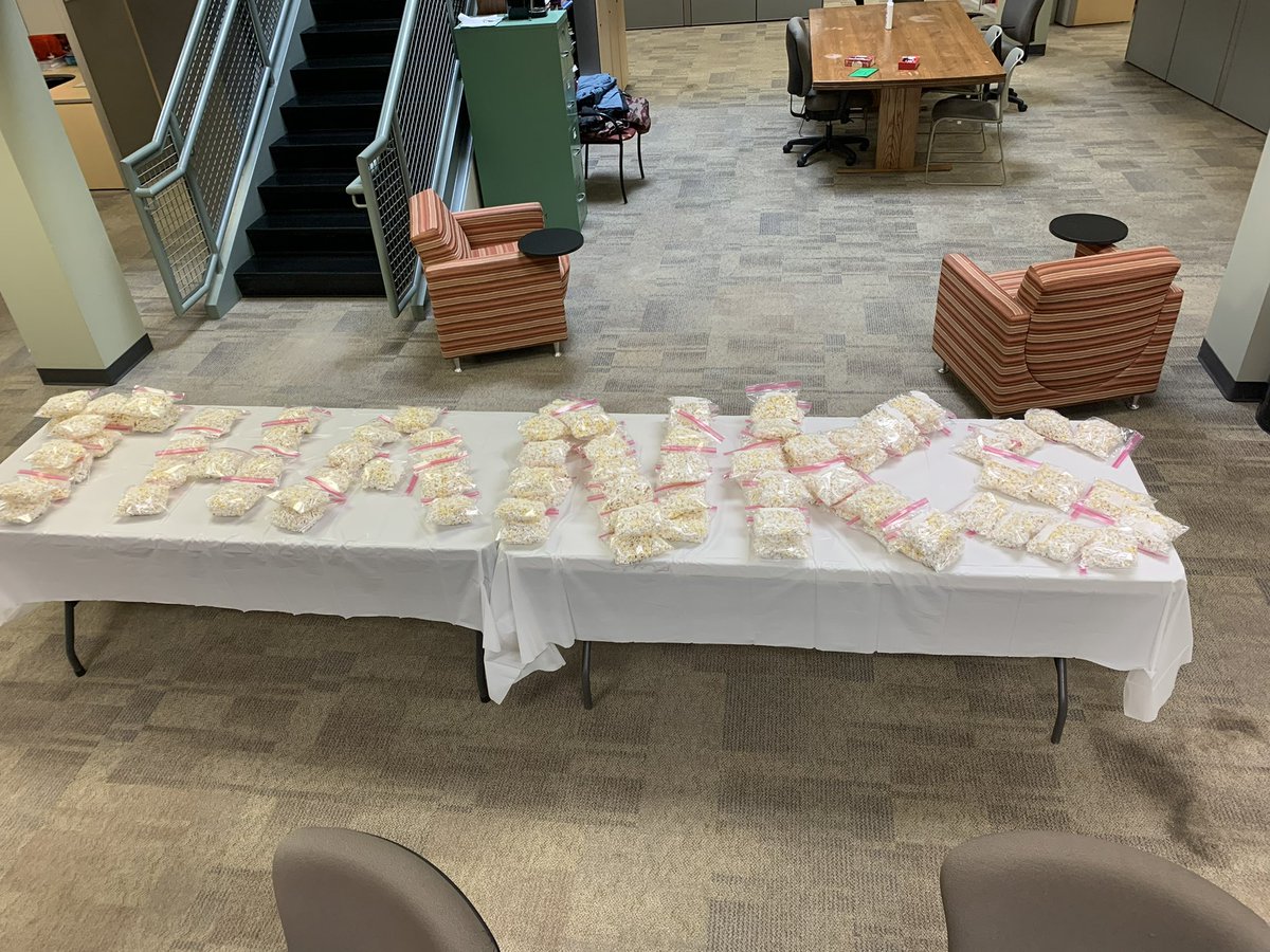 evhspto's tweet photo. Day 4 of Teacher Appreciation Week! (yes those are bags of popcorn 🍿 that just happen to spell out THANKS) https://t.co/KbQAM95tga