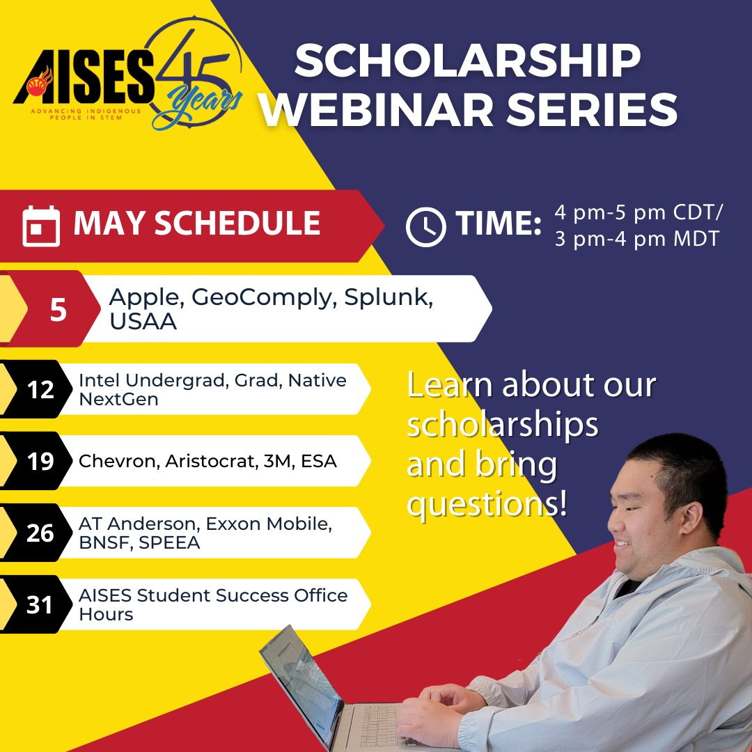 AISES's tweet photo. Thinking about applying for an AISES Scholarship but have questions or concerns? Join our webinar today at 3 pm MST: https://t.co/JFMLtK6bCv #scholarships #stem #nativestudents #college https://t.co/PLpB7h9jcc