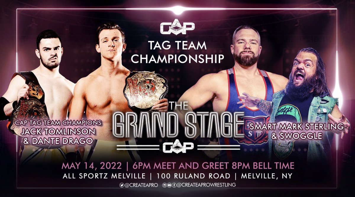 CreateAPro's tweet photo. 🚨MATCH ANNOUNCEMENT🚨

CAP Tag Team Champions VBU defend their titles at #TheGrandStage against the team of “Smart” Mark Sterling and Swoggle!

LESS THAN 20 PRESALE TICKETS REMAINING

🎟GET YOURS AT HERE🎟
https://t.co/7sAT1LkrYl

#CreateAPro #wrestling #AEW https://t.co/026ym8Krb7