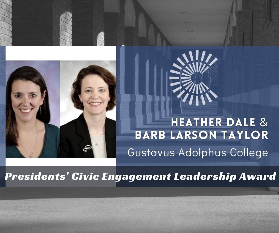 IAMNCompact's tweet photo. Congratulations to Heather Dale and Barb Larson-Taylor, this year's Presidents' Civic Engagement Leadership Award recipients from @gustavus !

Read more: https://t.co/pY1aIdHROj https://t.co/B7Z05Cl2OK