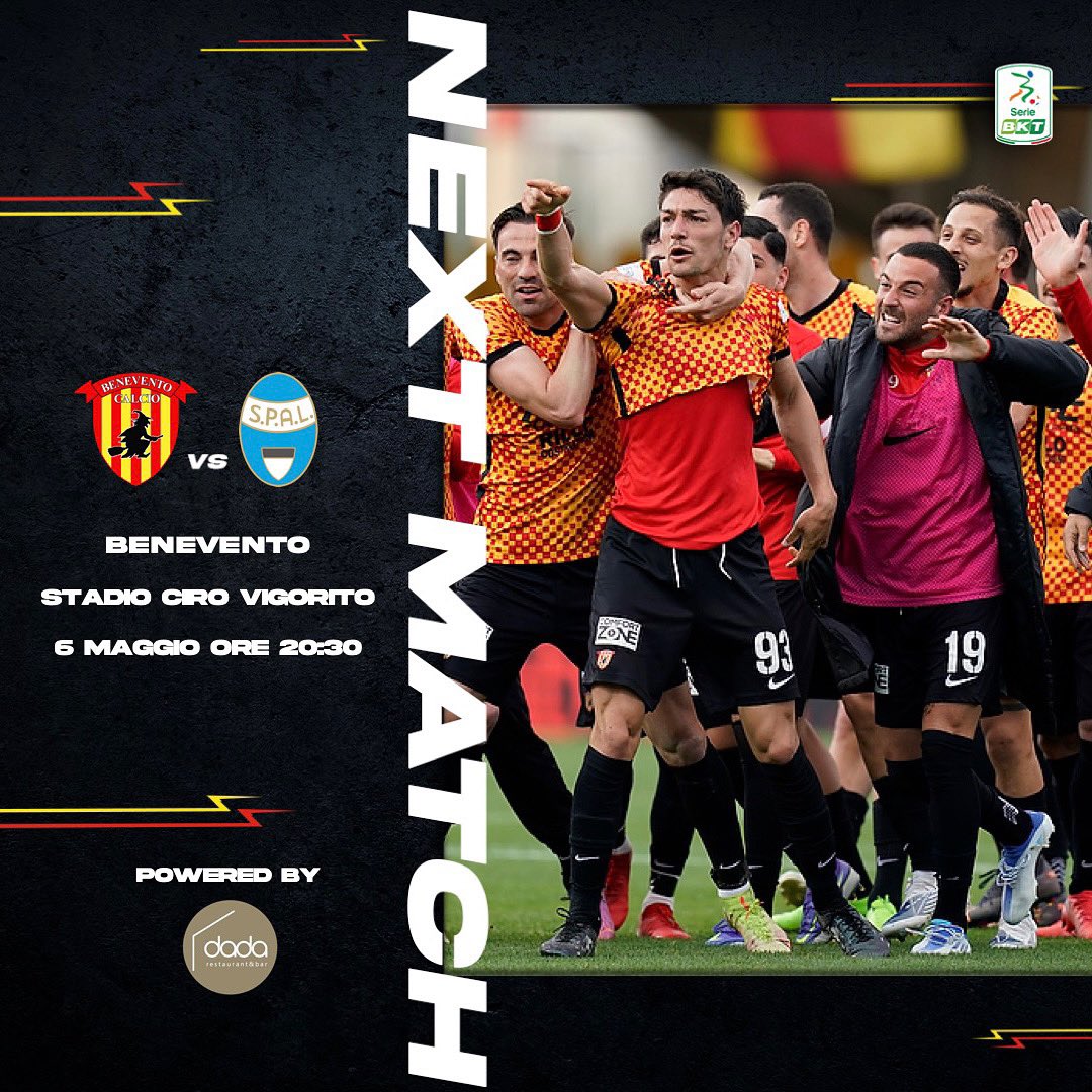 bncalcio's tweet photo. 🔜 NEXT MATCH
🆚 #BenSpa
🏟 Stadio Ciro Vigorito
⌚️ 6/5 - 20:30
⚽️ @Lega_B 
#insieme #BeneventoCalcio #ForzaStrega https://t.co/fxnEwuZU4T