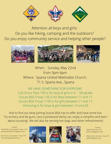 robcbrady's tweet photo. Have you thought about introducing your children to scouting?  Now is your opportunity.  Come spend the afternoon with us on May 22nd at the Sparta United Methodist Church and explore all that we have to offer.  #ScoutMeIn https://t.co/yaWZ1Rxcxe