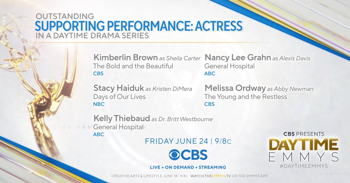 DaytimeEmmys's tweet photo. #DaytimeEmmys noms for Supporting Performance in a Daytime Drama Series: Actress are @KimberlinBrown (@BandB_CBS), @NancyLeeGrahn (@generalhospital, @abcnetwork), @Stacy_Haiduk (@nbcdays, @nbc), @MelissaOrdway (@YandR_CBS, @CBS), and @kellythiebaud (@generalhospital). https://t.co/hJcRLWtwTd