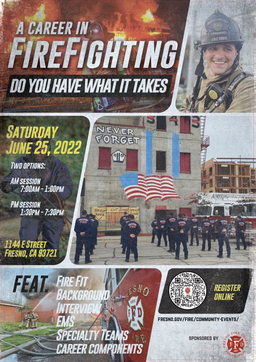 FresnoFire's tweet photo. Have you ever considered a career as a Fresno firefighter? FFD is proud to announce a new one day event “A Career in Firefighting: Do You Have What it Takes?”  This event is designed to introduce the exciting and challenging work that firefighters are required to do every day.1/2 https://t.co/Xsw74ZZQOl