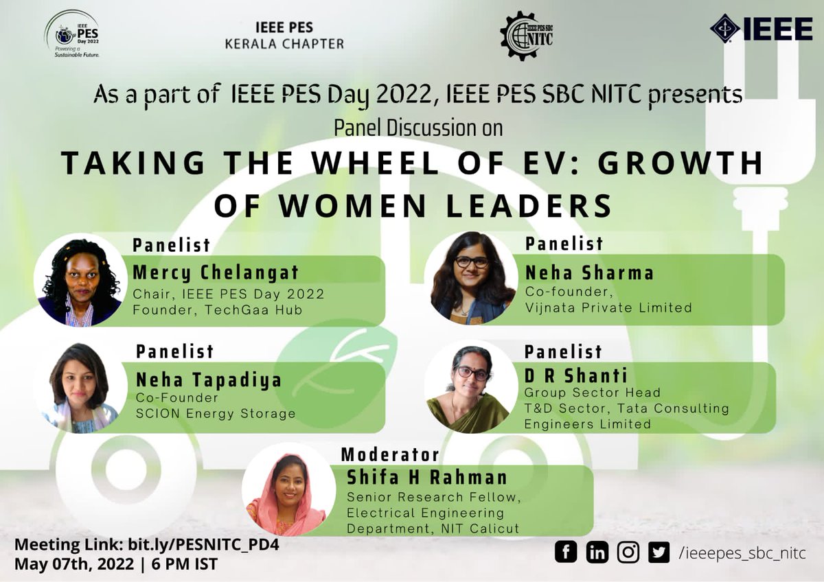 ieeepes_sb_nitc's tweet image. As a part of IEEE PES DAY 2022, IEEE PES SBC NITC  presents a Panel Discussion on &quot;Taking the wheel of EV: Growth of Women Leaders&quot;

🗓 Saturday, 07th May 2022
⏱ 06:00 PM IST
✍🏼 Meeting link 👇
bit.ly/PESNITC_PD4

#power #event #paneldiscussion #EV #electricvehicles #energy