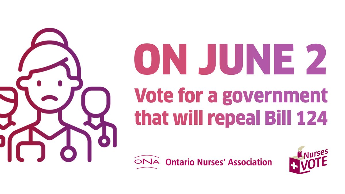 On June 2, vote for a government that will respect nurses and health-care professionals. Vote for a government that will #RepealBill124. 

#NursesVote #HealthProfessionalsVote 

Visit ona.org/vote to learn more.