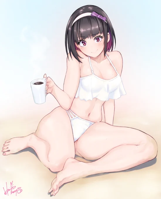 #みなさん去年の今頃はどんな絵描いてましたか 
ちょうど一年前の水着櫻子さん☕ 