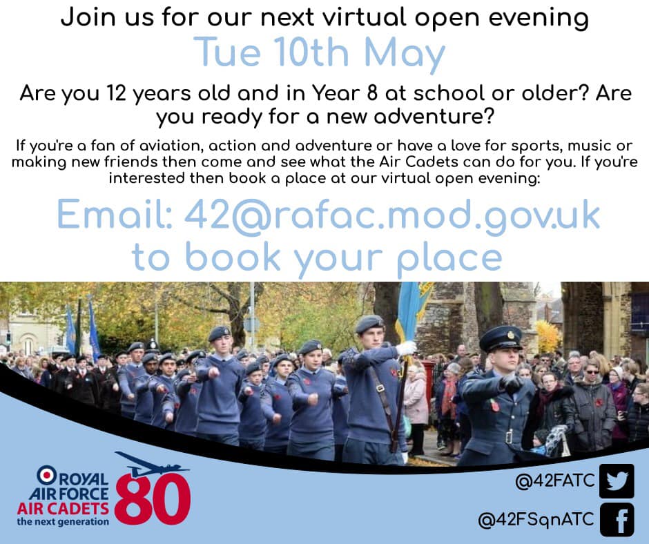 We still have spaces available on our upcoing virtual intake evening on Tuesday 10 May!

If you are aged 12 and in Year 8 or above at school and are interested in learning more about what we do, please email 42@rafac.mod.gov.uk to book a space! #reachingforthestars