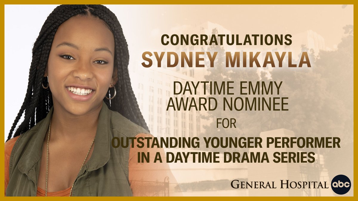 GeneralHospital's tweet photo. Please help us congratulate @SydneyMikayla on her #DaytimeEmmys Nomination for "Outstanding Younger Performer in a Daytime Drama Series"! @DaytimeEmmys #GH59 https://t.co/lDnIsRjR7G