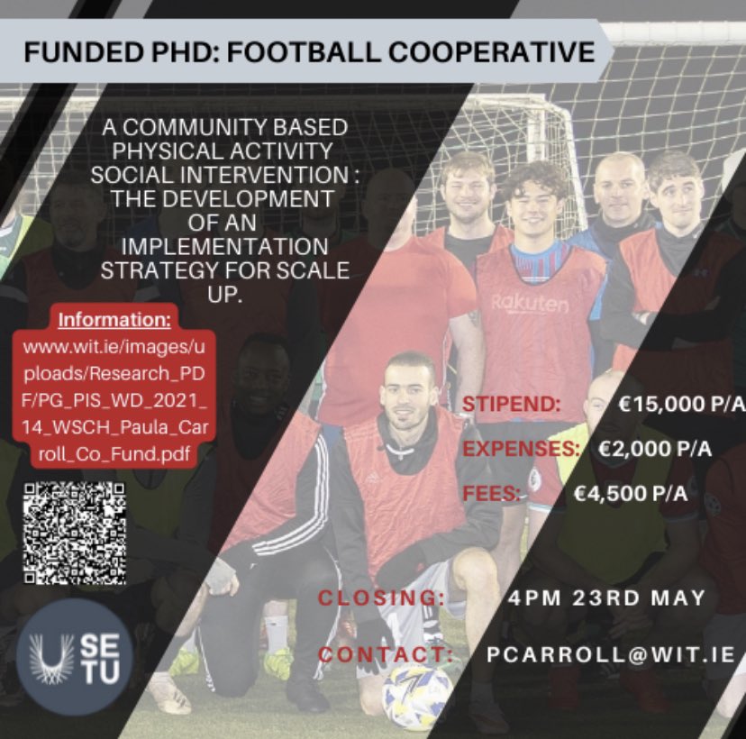 finnegan_laura's tweet photo. Funded PhD @SETUIreland available! Really exciting project exploring the scale up of a community based social football programme ⚽️📖 https://t.co/g4gDiE2D4J #phdpositions #phd #findaphd #footballresearch https://t.co/ukLsuaXGTY