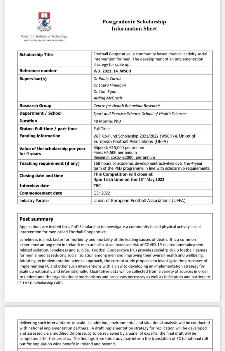 finnegan_laura's tweet photo. Funded PhD @SETUIreland available! Really exciting project exploring the scale up of a community based social football programme ⚽️📖 https://t.co/g4gDiE2D4J #phdpositions #phd #findaphd #footballresearch https://t.co/ukLsuaXGTY