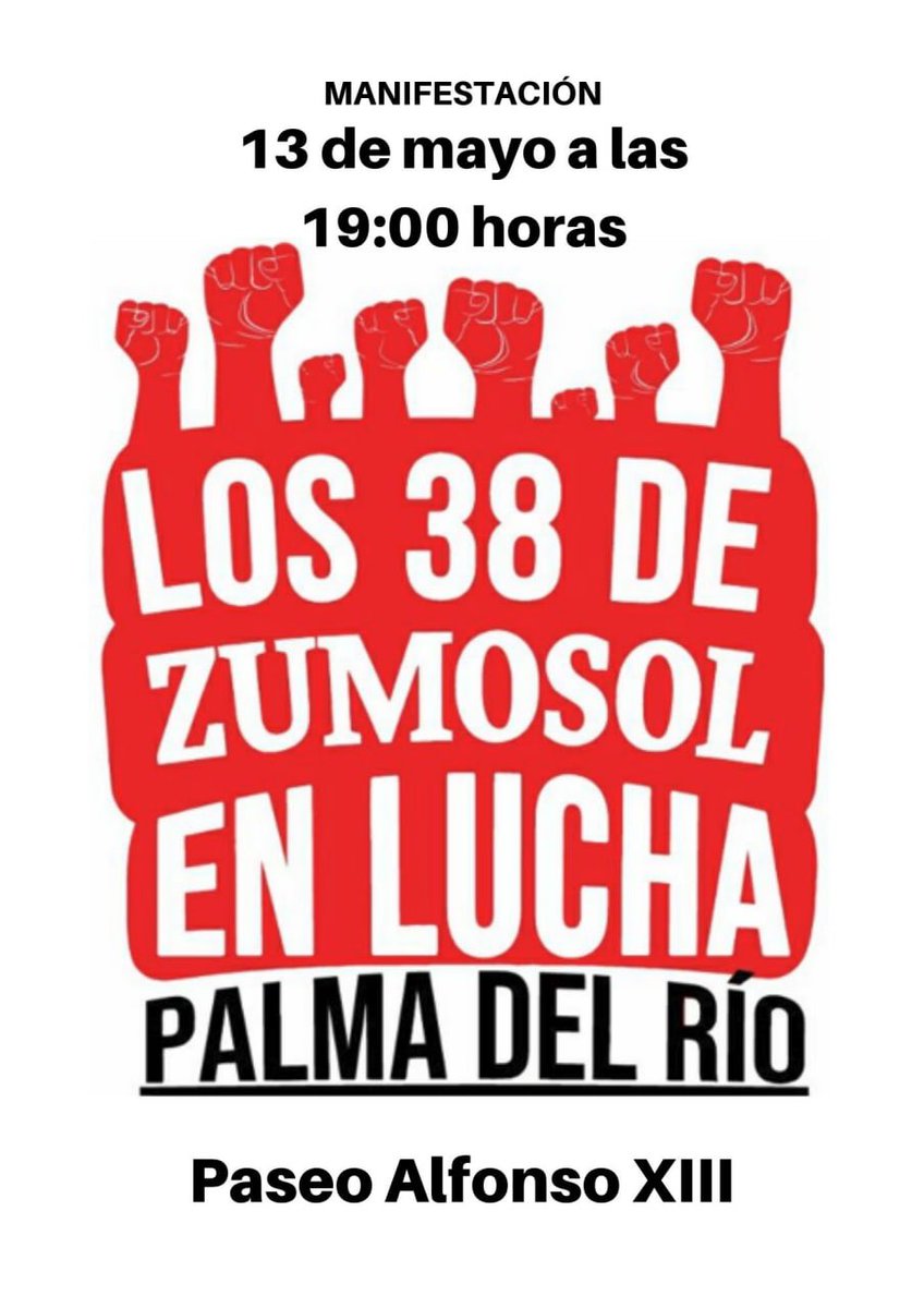 Trab_Zumosol's tweet photo. MANIFESTACIÓN TRABAJADORES ZUMOSOL PALMA DEL RÍO.

🗓Viernes, 13 Mayo 

⏱ 19:00 h.

📍 Paseo Alfonso XIII, Palma Del Río 

@Trab_Zumosol   

Máxima difusión por favor. Queremos que acudáis el mayor número posible https://t.co/Ic29p8Yavv