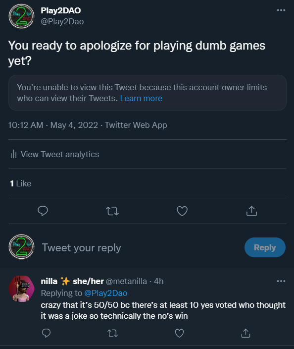 Play2Dao's tweet photo. @metanilla lol. Gonna be tough for him to build a community when all he has is whales who don't want to hang out with him. https://t.co/dsxKTZO9Az