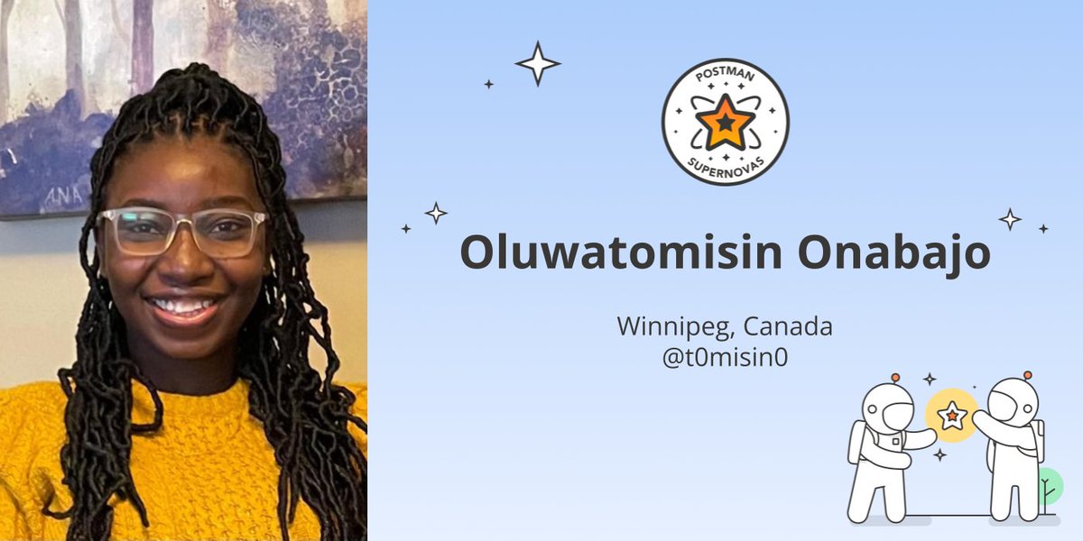 getpostman's tweet photo. Introducing... The newest Postman Supernova! 💫
Coming to us all the way from Canada 🍁 @t0misin0 is an all star Software Test &amp; Automation Specialist who is eager to work in a team atmosphere.
Please welcome Tomi to the team! 🌟 https://t.co/1OmIBjWuXV