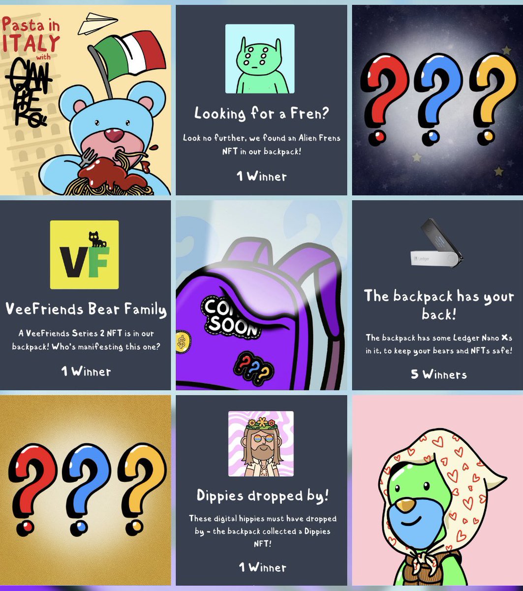inBetweenersNFT's tweet photo. ⏰24 hours left to enter all the #inBetweenersBackpack Raffles!
Who wants an early prize reveal?
Should we show which @veefriends @alienfrens @DippiesNFT some lucky bear holders are going to win?👀 https://t.co/D55iZOWSj3