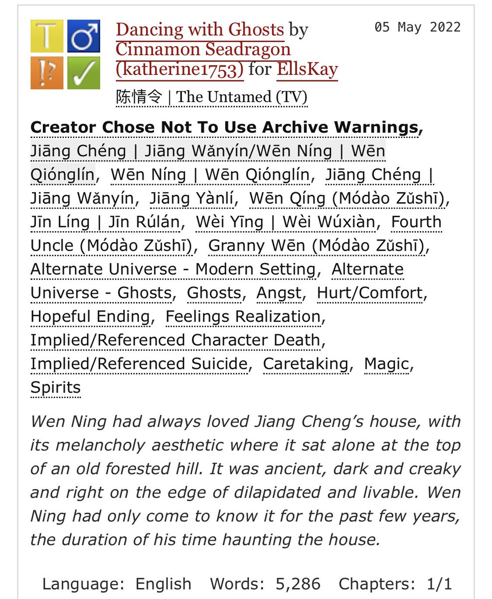 Dancing with Ghosts 
For <a href="/MdzsMixtape/">MDZS Mixtape Exchange</a> for EllsKay 

Based on the song Jenny of Oldstones by Florence + The Machine 

◾️ Wen Ning/Jiang Cheng 
◾️ 5.2k, T
◾️ Modern AU, ghosts (please mind the tags)
◾️ hopeful endings 

archiveofourown.org/works/38810433