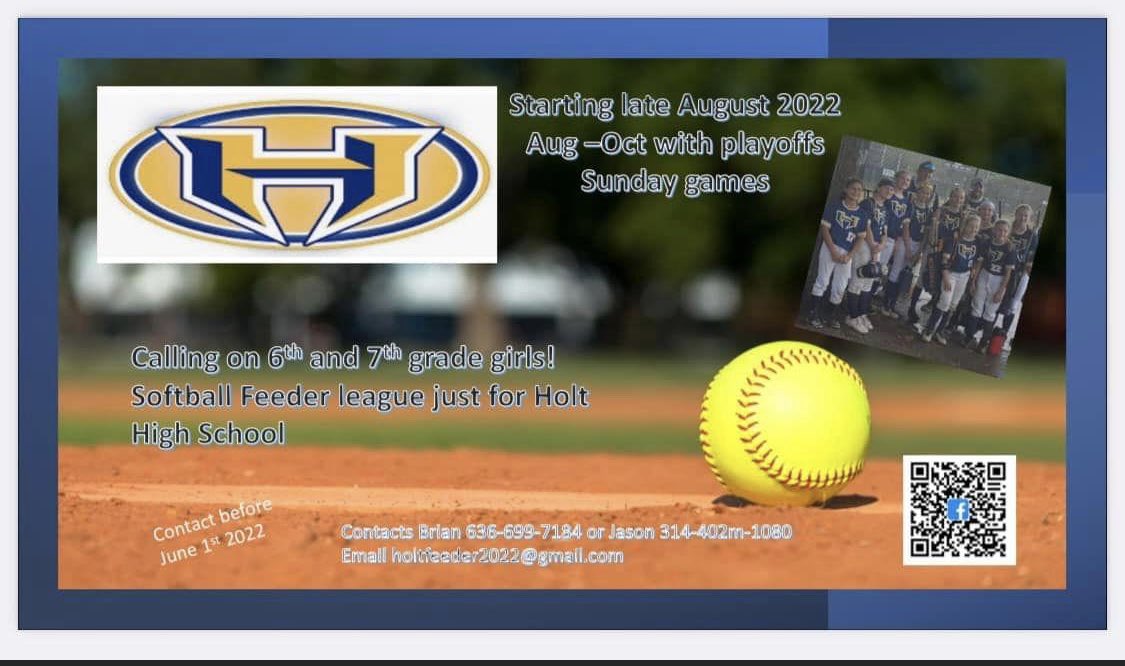tc3claus's tweet photo. 6&7 Graders - Softball Feeder team signup flyer! QR code, link to sheets to sign up https://t.co/ffB96wPU9n or visit our Facebook page. 2021 team had so much fun looking forward to 2022! #TribeUp #LetsGoHolt @CoachPirkle @HoltADOffice @HoltPrincipal https://t.co/5LHqCd6bPA