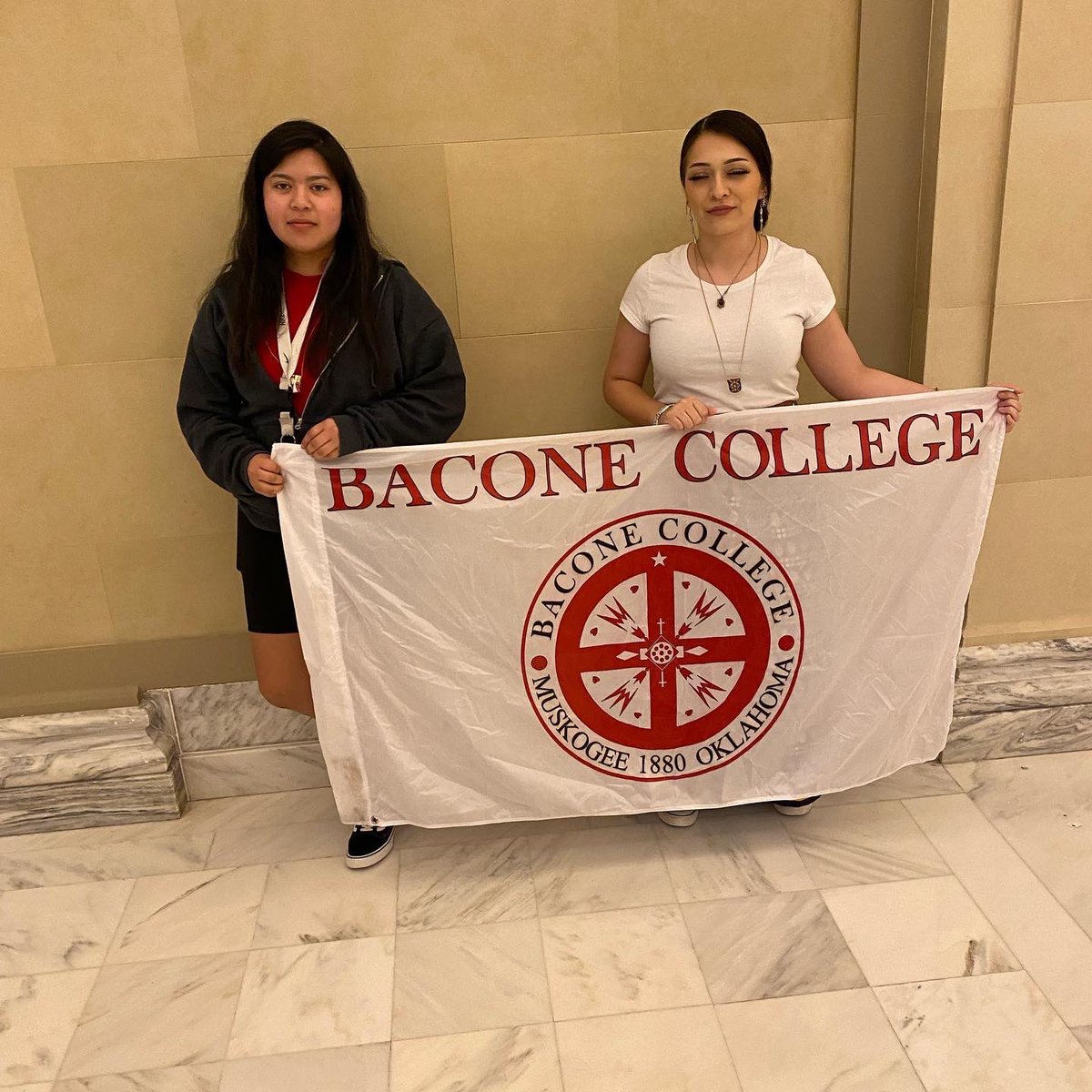 baconecollege's tweet photo. Bacone students (L to R) Leona Billy, Mississippi Choctaw from Conehatta, Mississippi, and Elizabeth Morgan, Kiowa from Lawton, Oklahoma, joined Bacone staff to at the Oklahoma City Capital today in recognition of MMIW Awareness Day. #baconewarriors #warriorpride #MMIWawareness https://t.co/gsdLHn0NqF