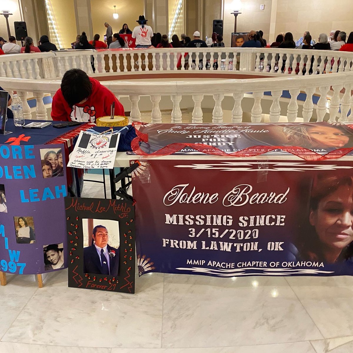 baconecollege's tweet photo. Bacone students (L to R) Leona Billy, Mississippi Choctaw from Conehatta, Mississippi, and Elizabeth Morgan, Kiowa from Lawton, Oklahoma, joined Bacone staff to at the Oklahoma City Capital today in recognition of MMIW Awareness Day. #baconewarriors #warriorpride #MMIWawareness https://t.co/gsdLHn0NqF