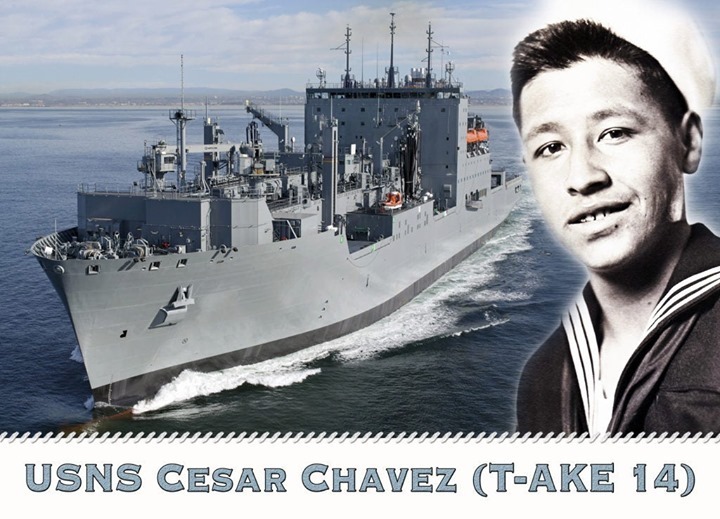 Chavez_Fndn's tweet photo. May 5, 2012: Cesar Chavez became one of the first Latinos to have a naval ship named after him honoring his service as a seaman in the U.S. Navy from 1946-1948. The #usnscesarchavez was christened & launched during a ceremony at the General Dynamics NASSCO shipyard in San Diego. https://t.co/Tg9TziLYDT