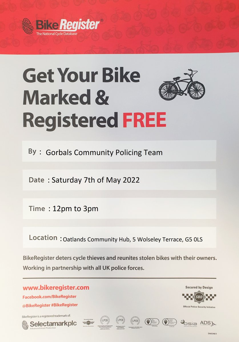 GlasgowSEPolice's tweet photo. This Saturday  our Community Team from the Gorbals, along with Special Constables from Greater Glasgow division, will be carrying out a free bike marking event.

Come along to the Oatlands Community Hub where our officers will be marking bikes at the Hubs open day from 12-3 https://t.co/fys9WFFUqA
