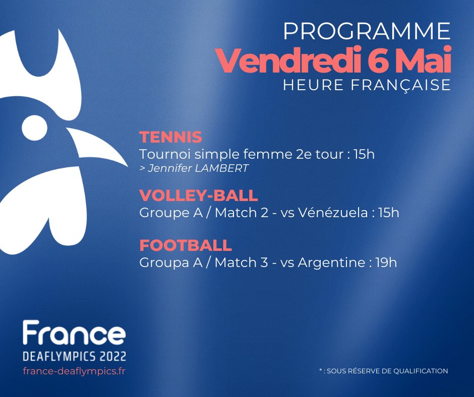 🕗  PROGRAMME DU 6 MAI 📣
🇫🇷  Déjà 7 médailles pour nos Bleus dans ces #deaflympics2022. L'aventure est loin d'être terminé avec de nouvelles possibilités de médailles. 
Voici le programme de demain !
#francedeaflympics
<a href="/FFBaD/">FFBaD</a> / <a href="/FFHandisport/">FFHandisport</a> / @FFvolley / <a href="/FFTennis/">FFT</a>
